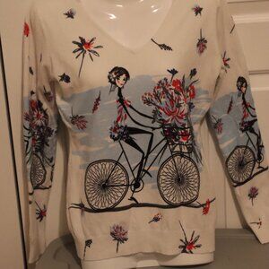 Damon Beautiful V-neck Colorful Bicycle and Floral  Sweater s/m  Casual Office
